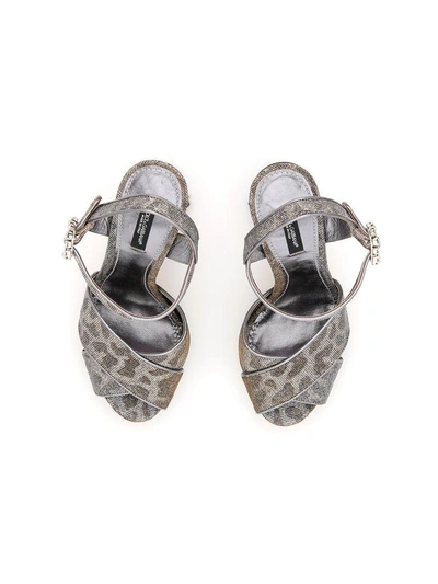 Shop Dolce & Gabbana Leopard Print Lurex Keira Sandals In Oro Argento (silver)