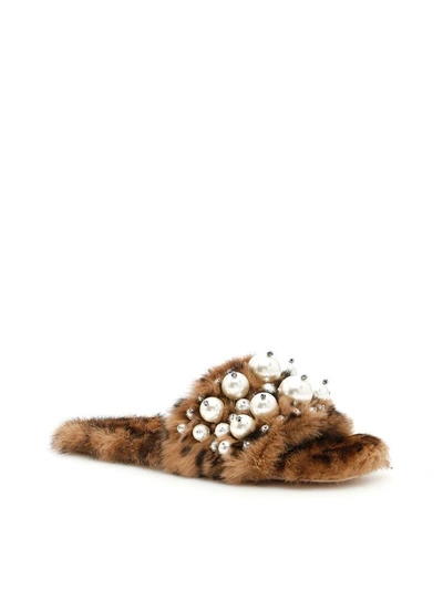 Shop Miu Miu Leopard Print Rabbit Fur Slides In Caramel (brown)