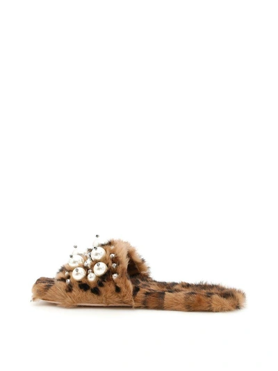 Shop Miu Miu Leopard Print Rabbit Fur Slides In Caramel (brown)