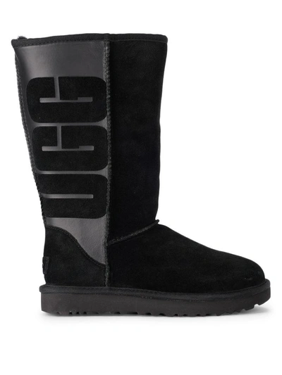 Shop Ugg Classic Tall Black Leather And Sheepskin Boots In Nero