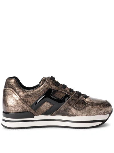 Shop Hogan H222 Pale Golden Leather And Black Patent Leather Sneaker In Oro