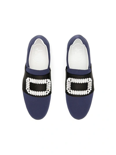 Shop Roger Vivier Satin Sneakers With Rhinestones In Navy Black|blu