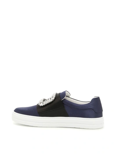 Shop Roger Vivier Satin Sneakers With Rhinestones In Navy Black|blu