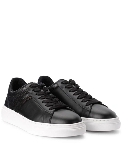 Shop Hogan H365 Black Leather And Suede Trainer Reptile Effect In Nero