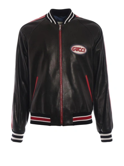 Shop Gucci Leather Bomber In Black/red/multicolor