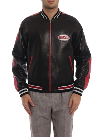 Shop Gucci Leather Bomber In Black/red/multicolor