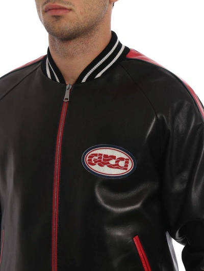 Shop Gucci Leather Bomber In Black/red/multicolor