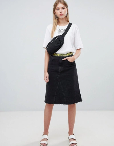 Shop Cheap Monday Organic Mid Length Denim Skirt With Logo Tape-black
