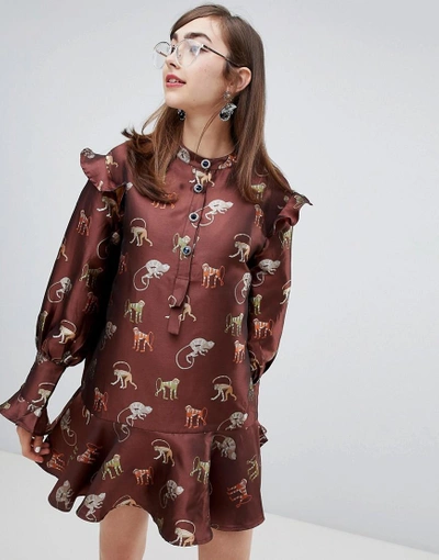Shop Sister Jane Dress With Peplum Hem And Jewel Buttons In Jungle Jacquard Embroidery - Brown