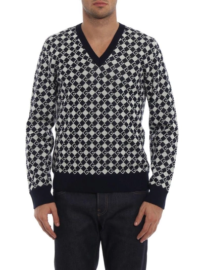 Shop Gucci Intarsia Logo Sweater In Ink/milk