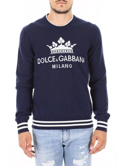 Shop Dolce & Gabbana Crown Intarsia Pullover In Variante Abbinata (blue)