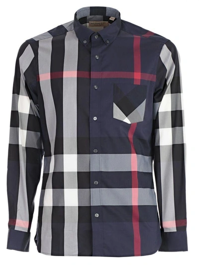 Shop Burberry Checked Pattern Shirt In 4100b Navy