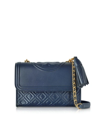 Shop Tory Burch Fleming Leather Small Convertible Shoulder Bag In Navy