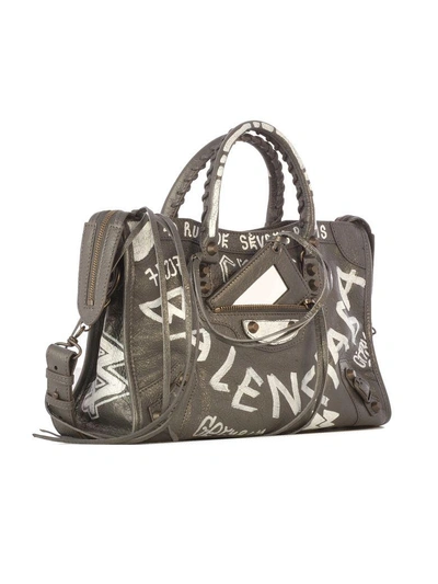 Shop Balenciaga Graffiti City Arena Small Tote In Gris Fossile Blanc