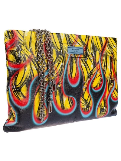 Shop Prada Banana And Flame Print Leather Clutch In Giallo/nero