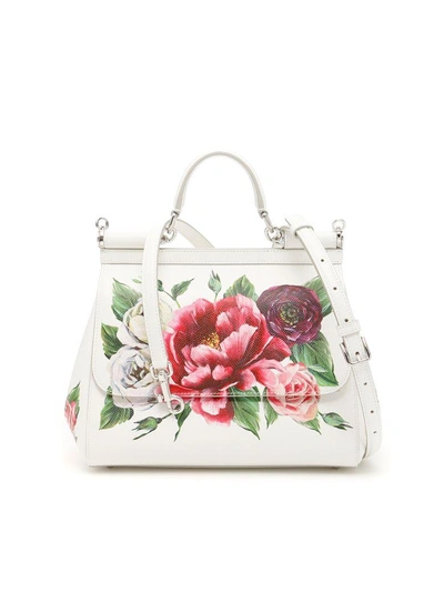 Shop Dolce & Gabbana Peony Print Medium Sicily Bag In Peonie Fdo Panna (white)
