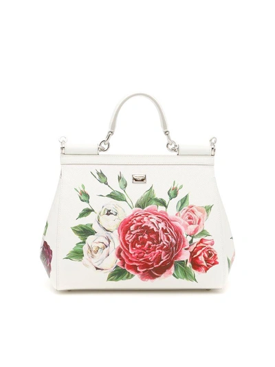 Shop Dolce & Gabbana Peony Print Medium Sicily Bag In Peonie Fdo Panna (white)