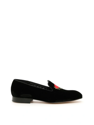 Shop Church's Velvet Loafers With Rose Embroidery In Blacknero