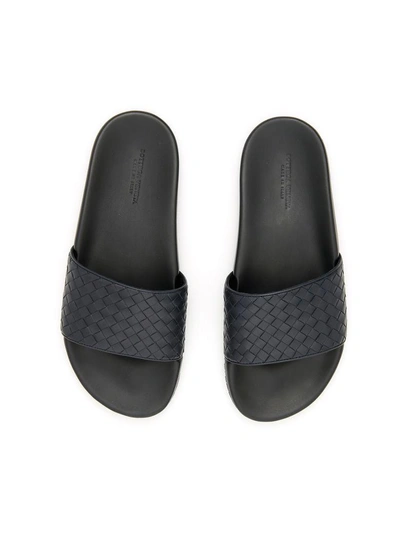 Shop Bottega Veneta Woven Nappa Slides In Dark Navy/dark Navy|blu