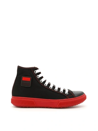 Shop Prada Canvas Hi-top Sneakers In Nero+rossonero