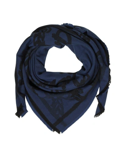 Shop Mcm Allover Logo Print Wool Scarf In Navy Blue