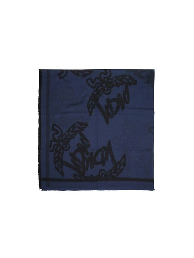 Shop Mcm Allover Logo Print Wool Scarf In Navy Blue