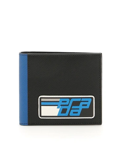 Shop Prada Saffiano Wallet With Logo Patch In Nero Azzurro|blu