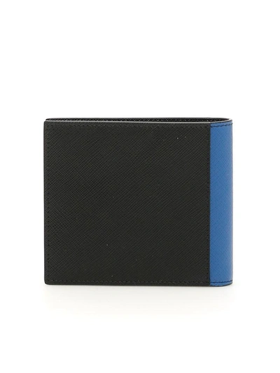 Shop Prada Saffiano Wallet With Logo Patch In Nero Azzurro|blu