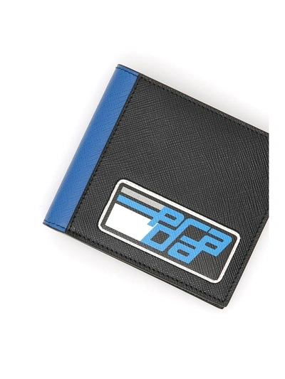 Shop Prada Saffiano Wallet With Logo Patch In Nero Azzurro|blu