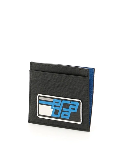 Shop Prada Saffiano Cardholder With Logo Patch In Nero Azzurronero