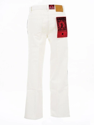 Shop Gucci Denim Flare Trousers In Ivory-blue-red