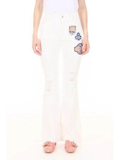 Shop Dolce & Gabbana Flare Jeans With Princess Patch In Bianco Ottico (white)