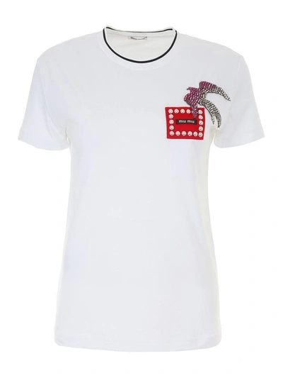 Shop Miu Miu Crystal Swallow T-shirt In Bianco|bianco