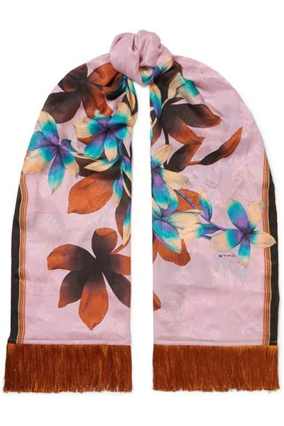 Shop Etro Fringed Floral-print Silk-jacquard Scarf In Pink