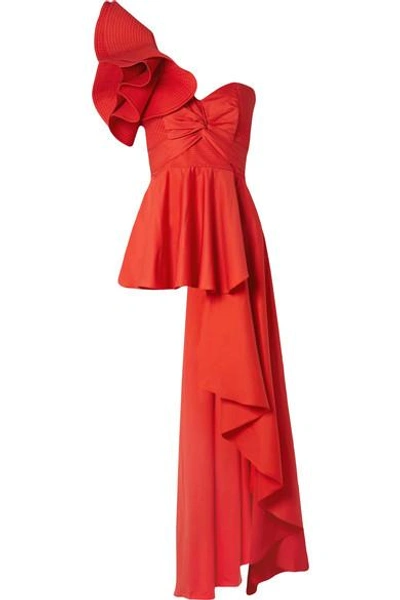 Shop Johanna Ortiz Paso Doble One-shoulder Ruffled Cotton-blend Poplin Top In Red