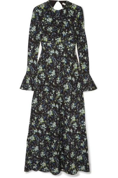 Shop Les Rêveries Floral-print Silk-chiffon Midi Dress In Black