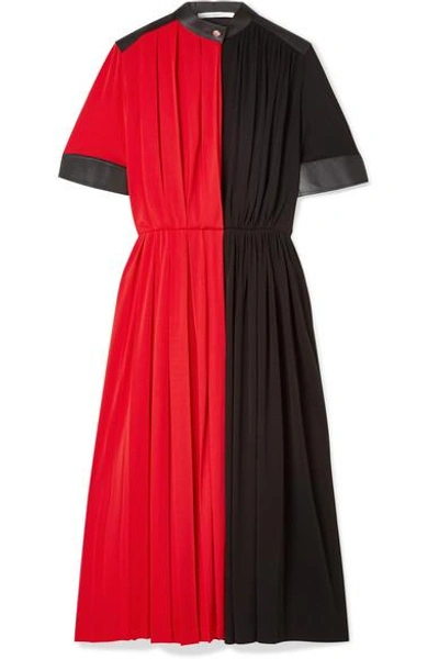 Shop Givenchy Leather-paneled Pleated Stretch-jersey Midi Dress In Red