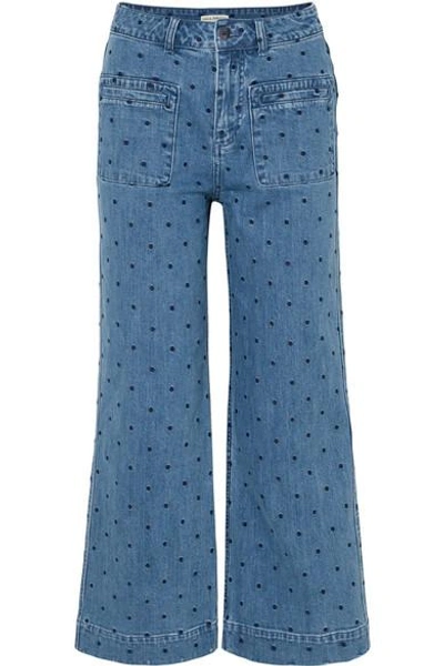 Shop Ulla Johnson Niko Embroidered Polka-dot High-rise Flared Jeans In Mid Denim