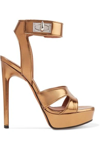 Shop Givenchy Shark Lock Cutout Metallic Leather Platform Sandals In Gold