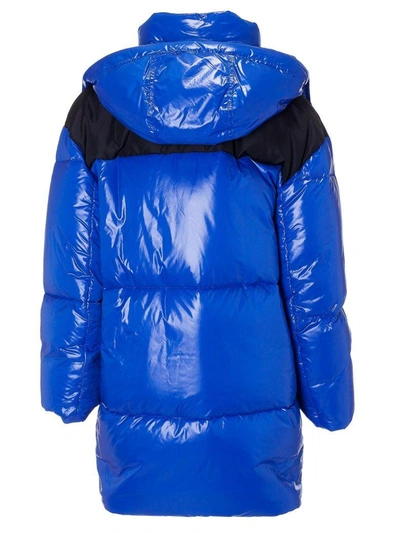 Shop Miu Miu Long Quilted Long Logo Patch Padded Jacket In Bluette