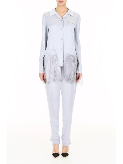 Shop Prada Satin Pyjama Set With Feathers In Opaline (grey)