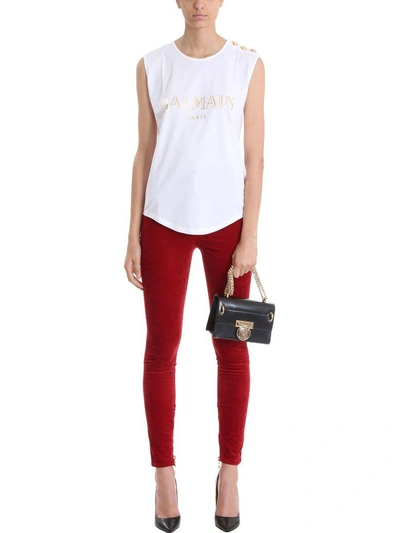 Shop Balmain Slim-fit Red Velvet Pants