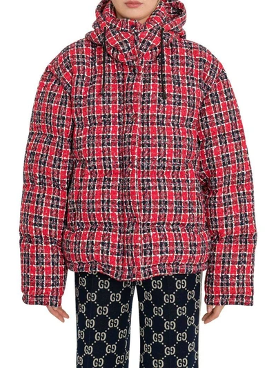 Gucci Tweed Hooded Puffer Jacket In Rosso