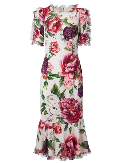 Shop Dolce & Gabbana Peony Print Dress In Peonie Fdo Panna