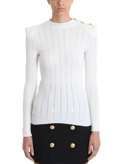 Shop Balmain Buttoned Wool Sweater In White