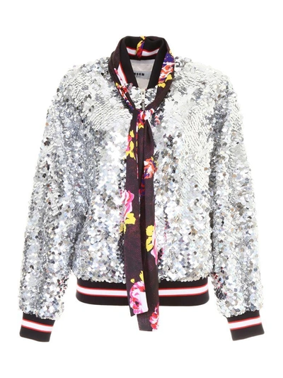 Shop Msgm Sequins Bomber Jacket In Silver (silver)