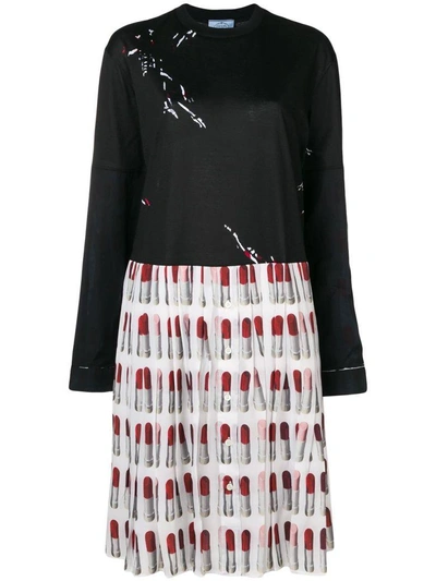 Shop Prada Pleated Dress In Bianco/nero