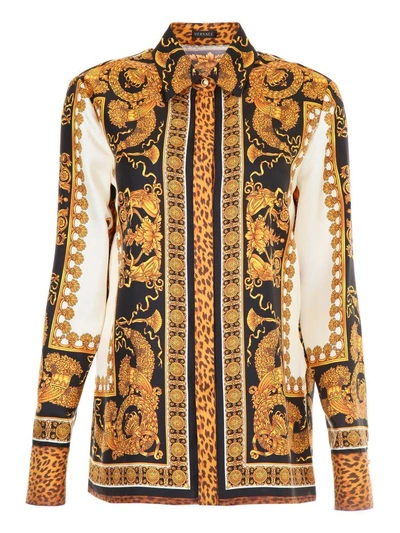Shop Versace Barocco Print Silk Shirt In F.do Nero Stampabeige