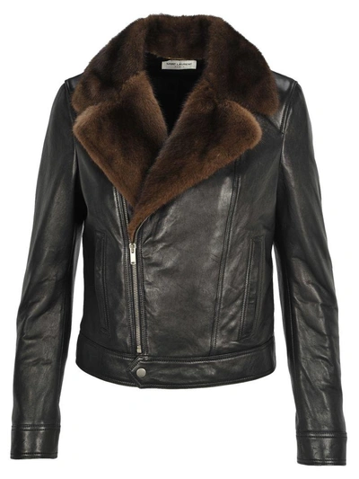 Shop Saint Laurent Perfecto Biker Leather Neck Mink In Black