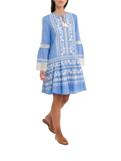 Shop Tory Burch Dress With Allover Embroideries In Azzurro